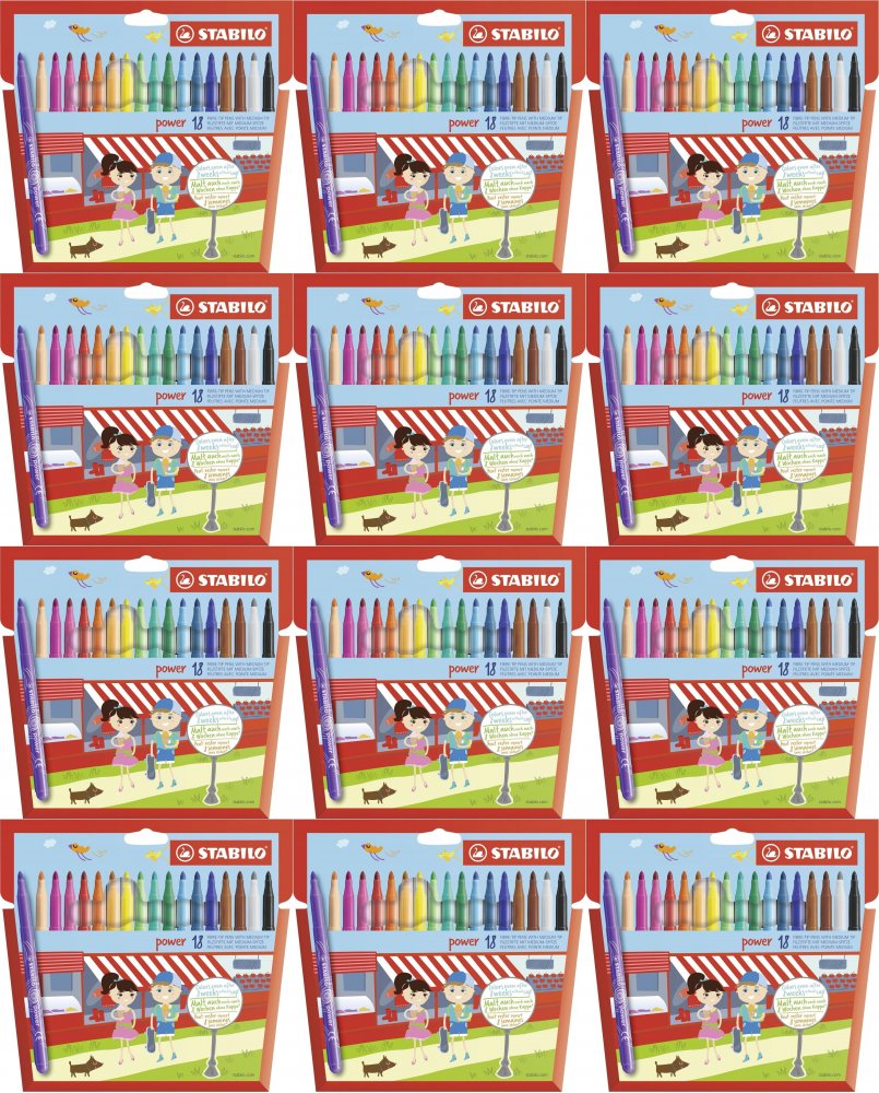 12x Flamaster Stabilo Power, końcówka M, 18 sztuk, mix kolorów