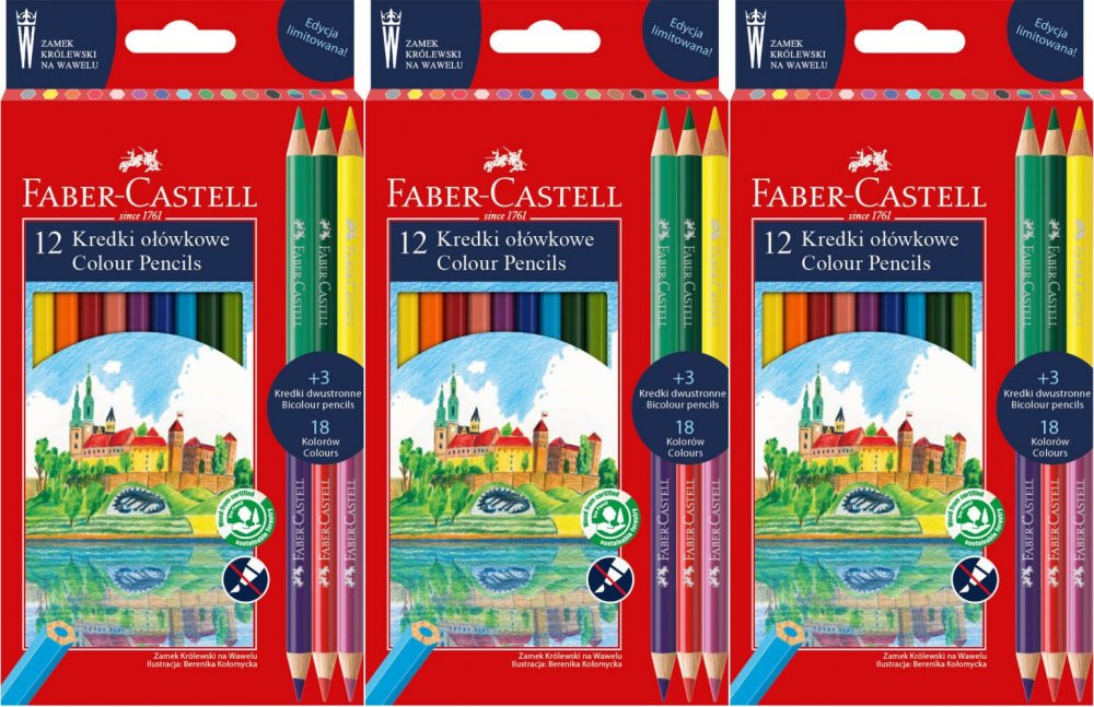 3x Kredki ołówkowe Faber Castell, Zamek, edycja limitowana Wawel, 12 sztuk + 3 kredki dwustronne, mix kolorów