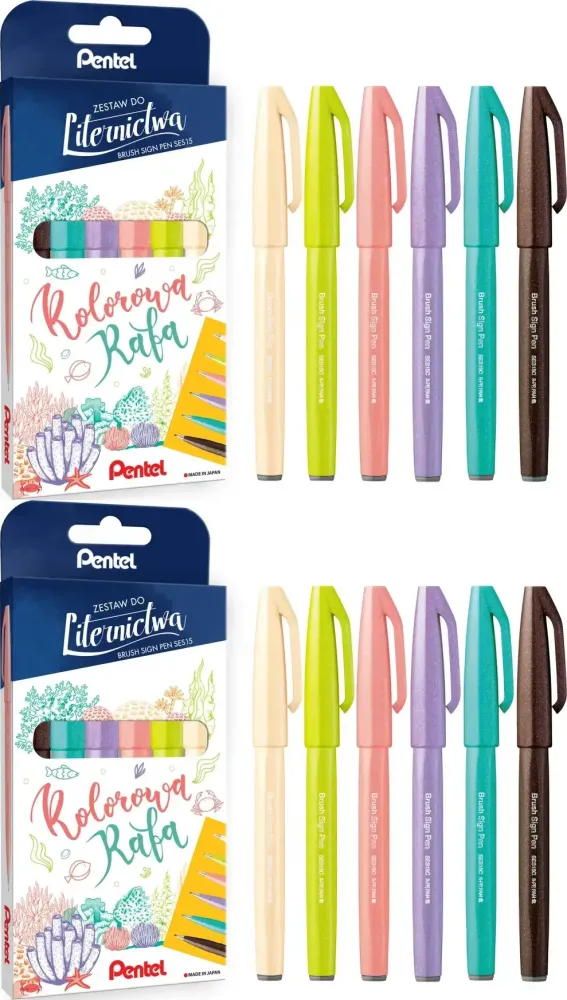 2x Pisaki pędzelkowe do kaligrafii i liternictwa Pentel Brush Sign Pen SES15C Kolorowa Rafa, 6 sztuk, mix kolorów