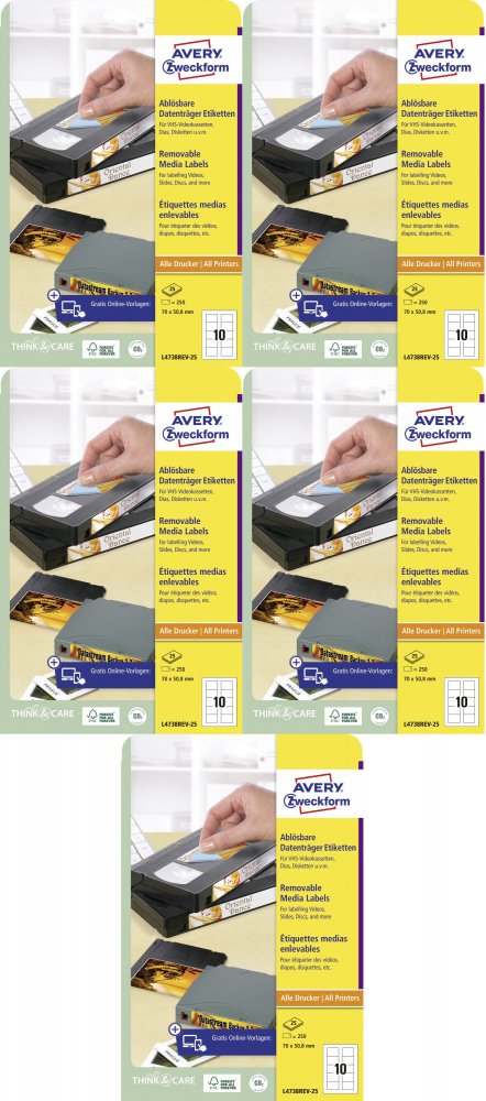 5x Etykiety na dyskietki Avery Zweckform, usuwalne, 70x50.8 mm, 25 arkuszy, biały
