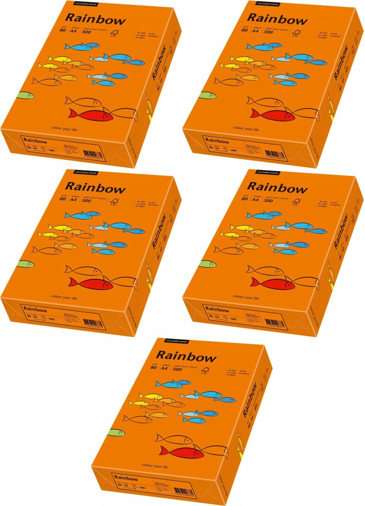 5x Papier kolorowy Rainbow, A4, 80g/m2, 500 arkuszy, pomarańczowy ciemny(R26)