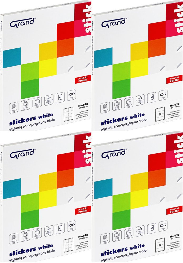 4x Etykiety samoprzylepne Grand No.028, 105x70mm, 100 arkuszy, biały