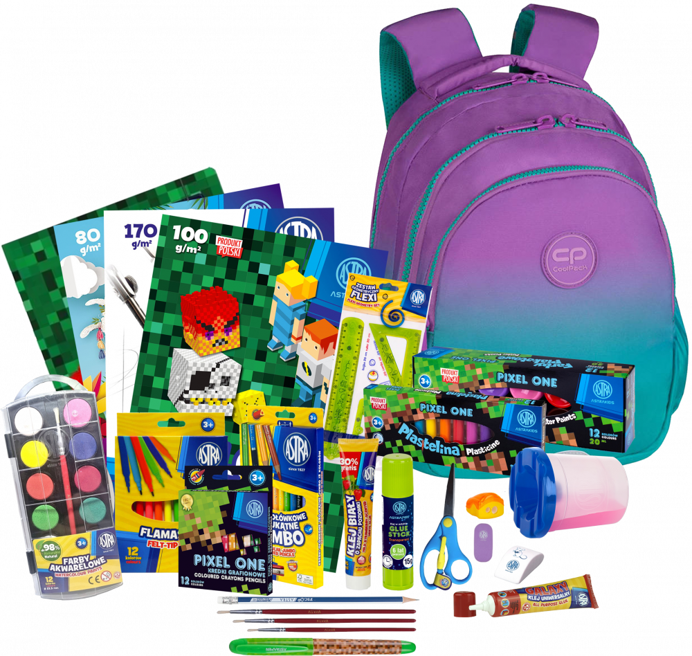 Zestaw Plecak szkolny CoolPack Jerry Gradient Blueberry, trzykomorowy, 21l + Wyprawka szkolna Astra Pixel One (XL), 27 elementów