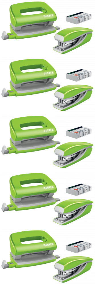 5x Zestaw zszywacz i dziurkacz Leitz Mini NeXXt Wow, metalowy, zielony