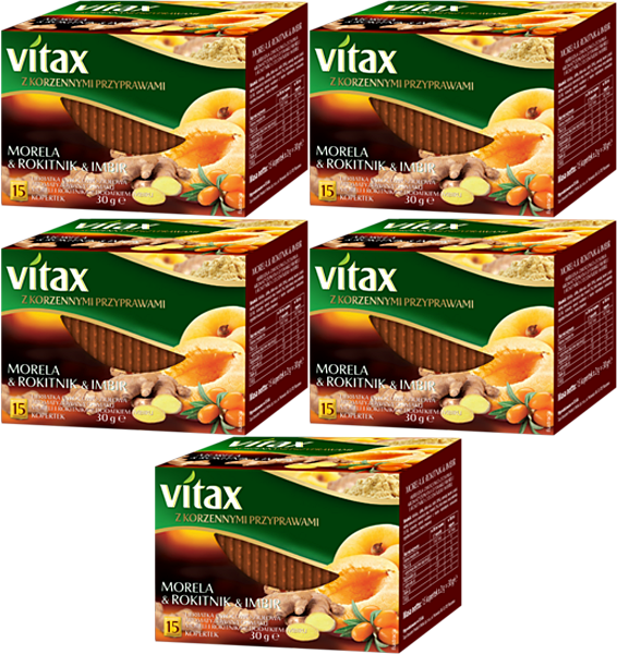 5x Herbata owocowo-ziołowa w kopertach Vitax z korzennymi przyprawami, morela/rokitnik/imbir, 15 sztuk x 2g