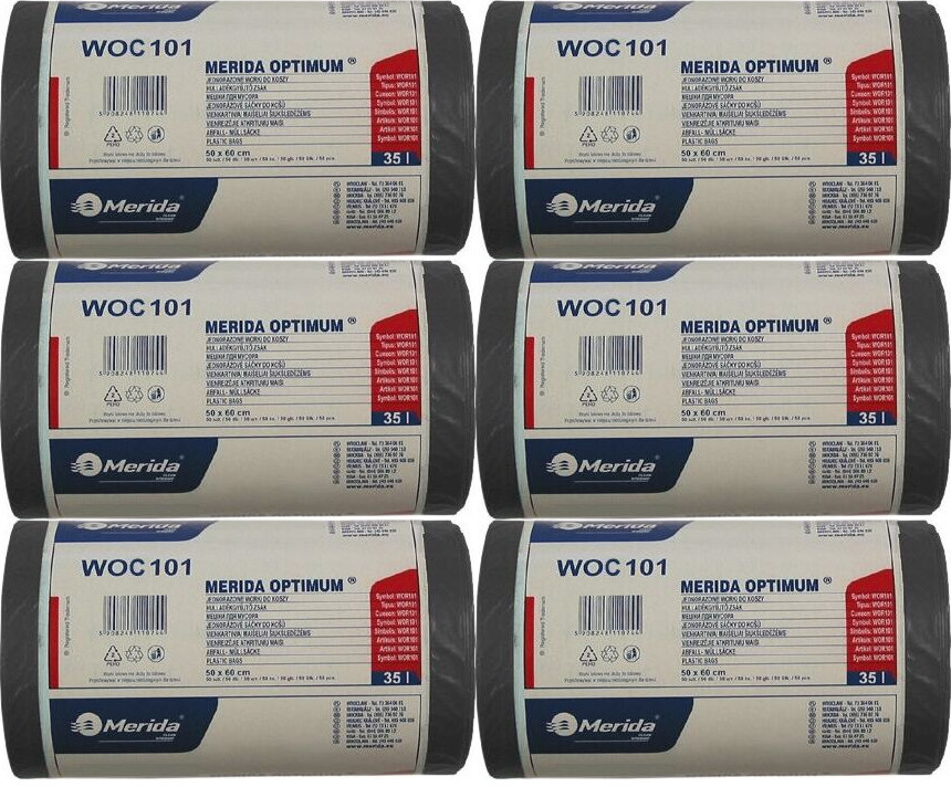 6x Worki na śmieci Merida Optimum, na odpady zmieszane, 35l, 50 sztuk, czarny