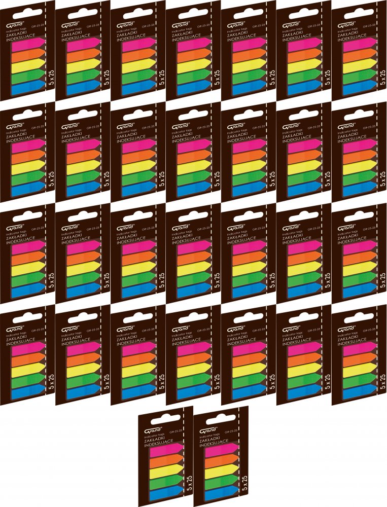 36x Zakładki samoprzylepne Grand GR-Z5-25, strzałki, indeksujące, folia, 45x12mm, 5x25 sztuk, mix kolorów