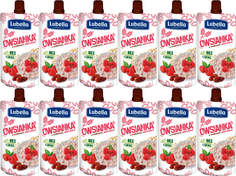 12x Mus owsianka Lubella, maliny, daktyle, bez cukru, 100g