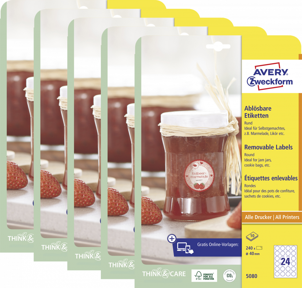 5x Etykiety usuwalne na słoiki Avery Zweckform, 40mm, 10 arkuszy, okrągłe, biały