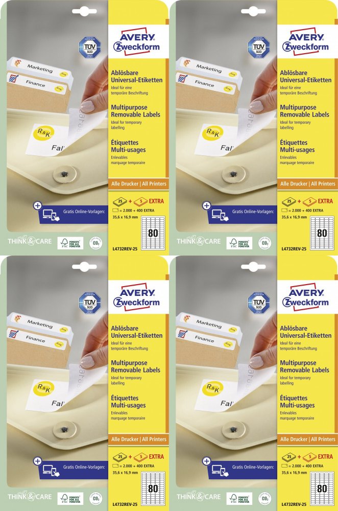 4x Etykiety samoprzylepne usuwalne Avery Zweckform, 35.6x16.9mm, 25 arkuszy + 5 gratis, biały
