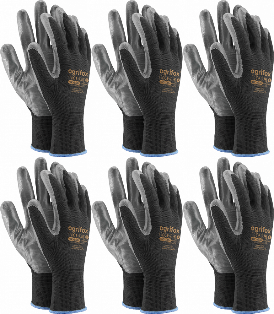 6x Rękawice robocze Ogrifox OX-NITRICAR BS, powlekane, rozmiar 7, czarno-szary