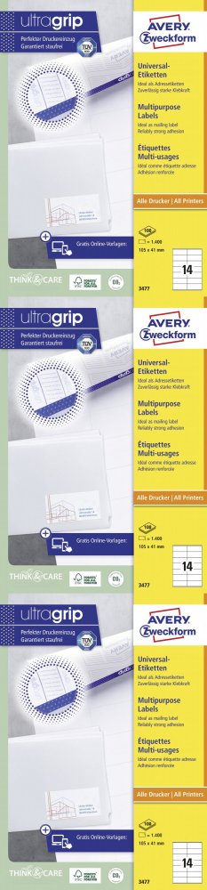 3x Etykiety samoprzylepne Avery Zweckform, 105x41mm, 100 arkuszy, biały