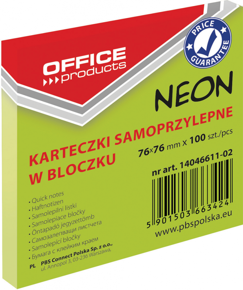 Karteczki samoprzylepne Office Products, 76x76mm, 100 karteczek, neonowy zielony