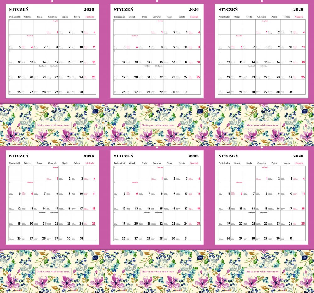 6x Kalendarz ścienny 2026, Interdruk, z kieszonką, 28x40cm, miesięczny, Blossom
