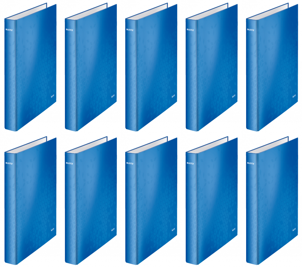 10x Segregator Leitz Wow, A4, szerokość grzbietu 40mm, do 250 kartek, 4 ringi niebieski