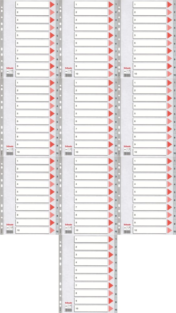 10x Przekładki do segregatora Esselte, plastikowe, numeryczne, A4, 1-10 kart, szary