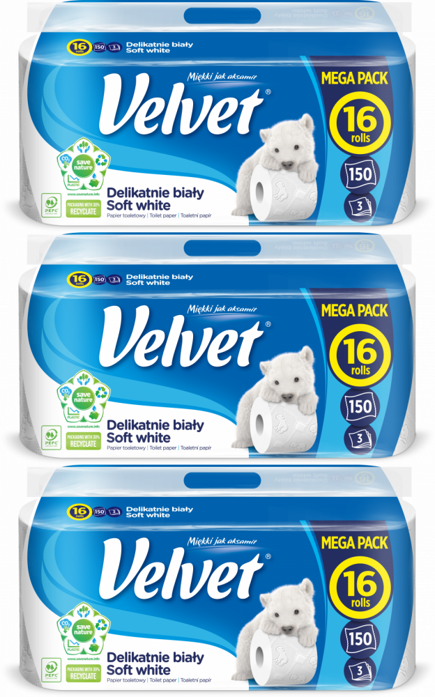 3x Papier toaletowy Velvet, 3-warstwowy, 16 rolek, delikatnie biały