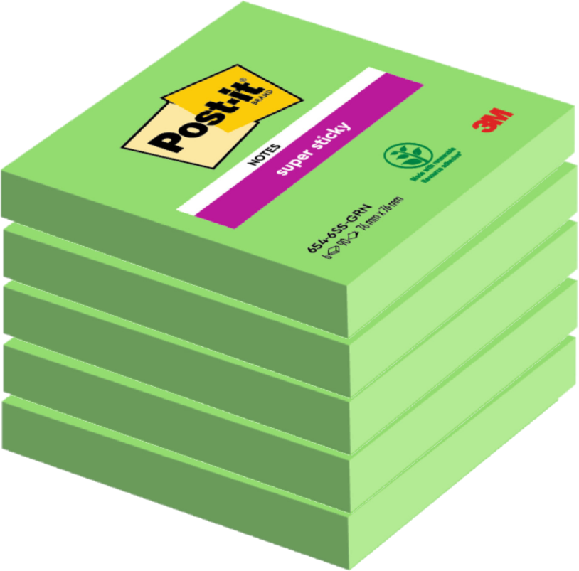 5x Karteczki samoprzylepne Post-it Super Sticky, 76x76 mm, 90 karteczek, zielony