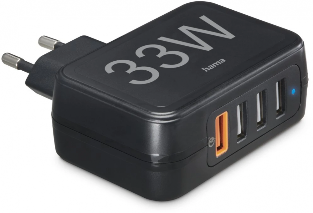 Ładowarka sieciowa Hama, 4 gniazda (1xQC3.0, 3xUSB-A), 33W, czarny