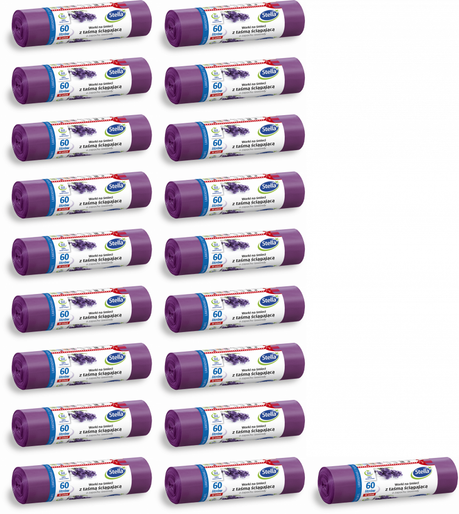 20x Worki na śmieci Stella, na odpady zmieszane, ekologiczne, 60l, 10 sztuk, lawendowe, fioletowy
