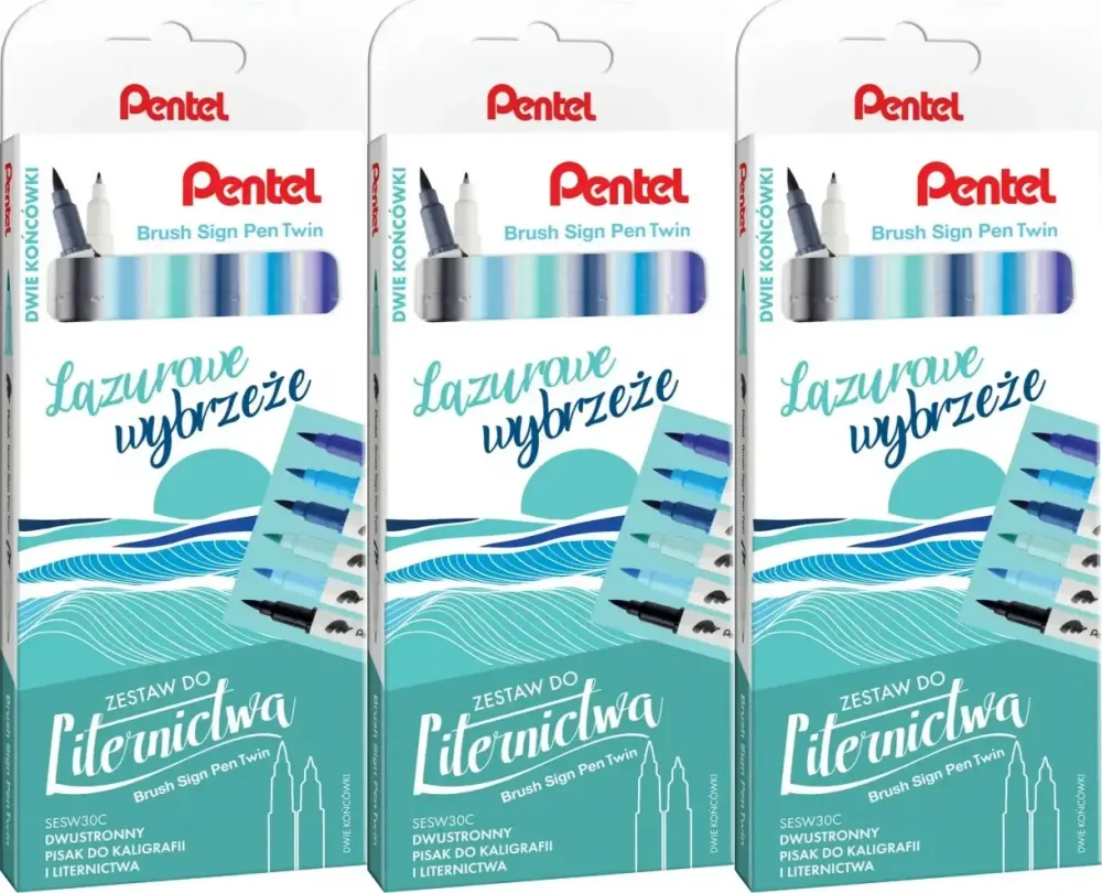 3x Pisaki do kaligrafii i liternictwa Pentel Brush Sign Pen Twin SESW30C Lazurowe Wybrzeże, dwustronne, 6 sztuk, mix kolorów