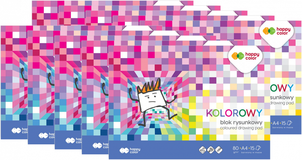 10x Blok rysunkowy kolorowy Happy Color, A4, 15 kartek, mix kolorów
