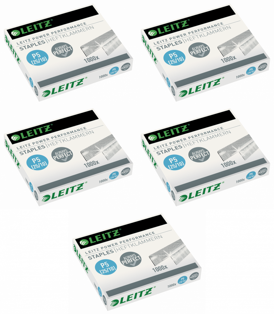 5x Zszywki Leitz Power Performance 25/10, 1000 sztuk, srebrny