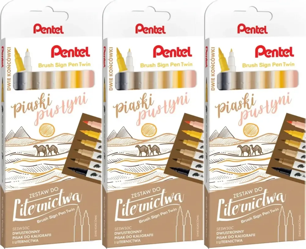 3x Pisaki do kaligrafii i liternictwa Pentel Brush Sign Pen Twin SESW30C Piaski Pustyni, dwustronne, 6 sztuk, mix kolorów