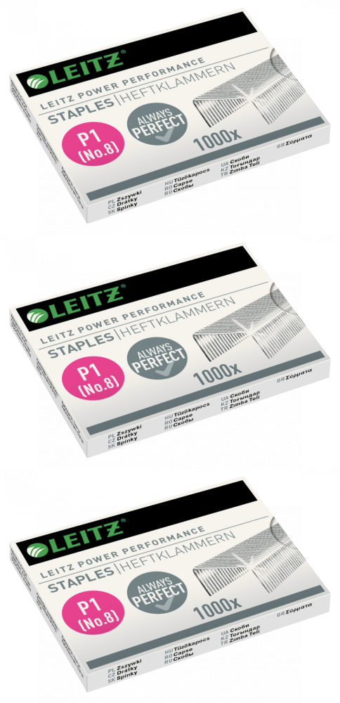 3x Zszywki Leitz Power Performance nr 8, Strong, 1000 sztuk, srebrny