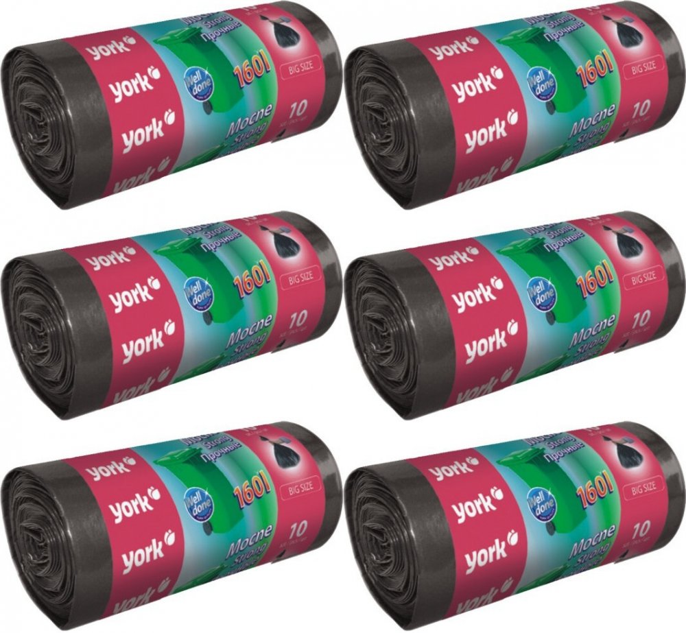 6x Worki na śmieci York Mocne, na odpady zmieszane, 160l, 10 sztuk, czarny