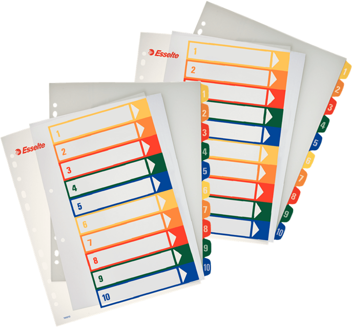 2x Przekładki do segregatora Esselte Maxi, plastikowe, numeryczne, do zadruku, A4, 1-10 kart, mix kolorów