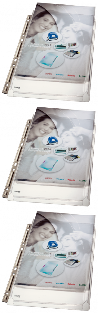 3x Koszulki groszkowe Leitz Premium, poszerzane, z metalową krawędzią, A4, 170μm, 3 sztuki, transparentny