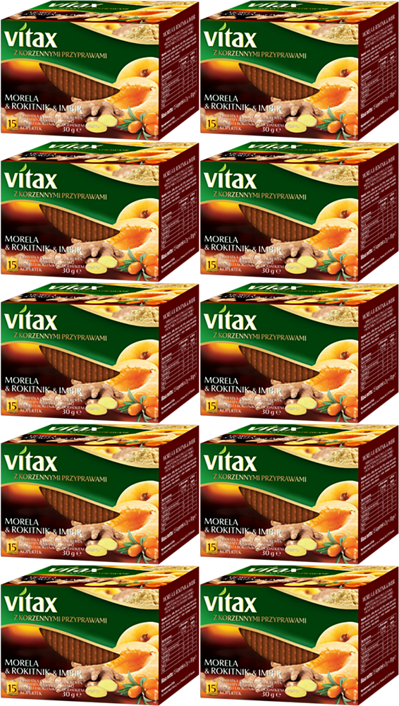 10x Herbata owocowo-ziołowa w kopertach Vitax z korzennymi przyprawami, morela/rokitnik/imbir, 15 sztuk x 2g
