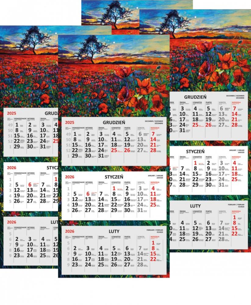 4x Kalendarz ścienny 2026, Udziałowiec, trójdzielny, 310x660mm, płaski, pejzaż