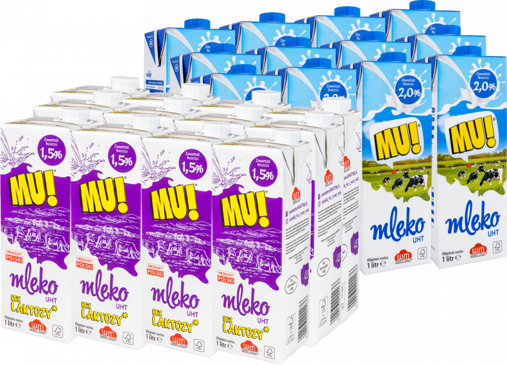 Zestaw 12x Mleko UHT Wart-Milk MU!, bez laktozy, 1.5%, 1l + 12x Mleko UHT Wart-Milk MU!, 2%, 1l