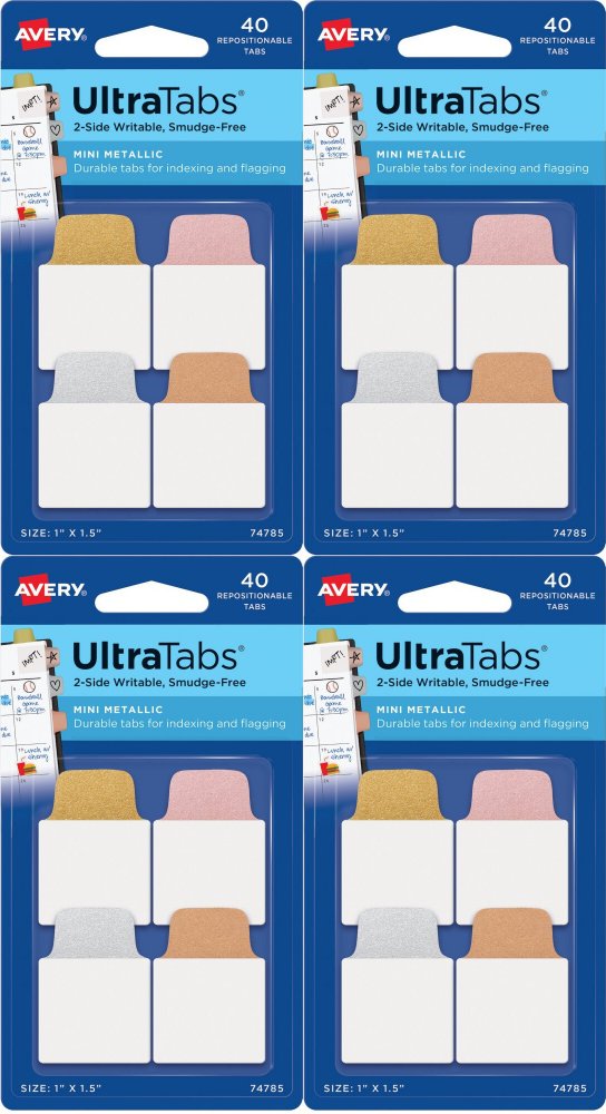 4x Zakładki samoprzylepne Avery Zweckform Ultra Tabs 74785, indeksujące, folia, 25.4x38.1mm, 40 sztuk, mix kolorów metalicznych