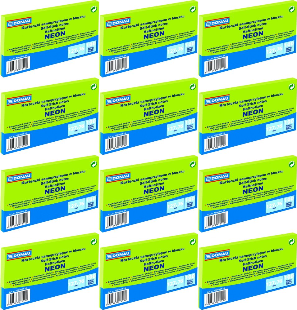 12x Notes samoprzylepny Donau 127x76mm, 100 karteczek, neonowy zielony
