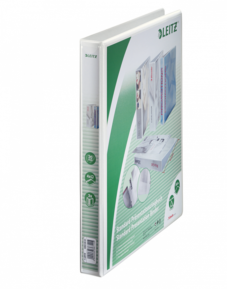 Segregator prezentacyjny Leitz, A4, szerokość grzbietu 38mm, do 200 kartek, 4 ringi, biały