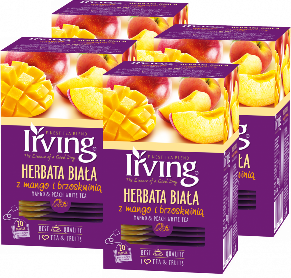 4x Herbata biała smakowa w kopertach Irving, mango z brzoskwinią, 20 sztuk x 1.5g