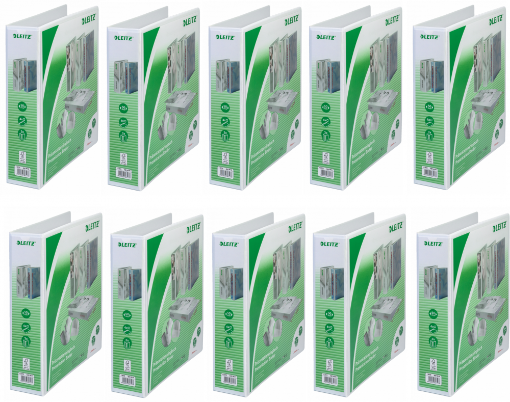 10x Segregator prezentacyjny Leitz, A4, szerokość grzbietu 77mm, do 480 kartek, 4 ringi, biały