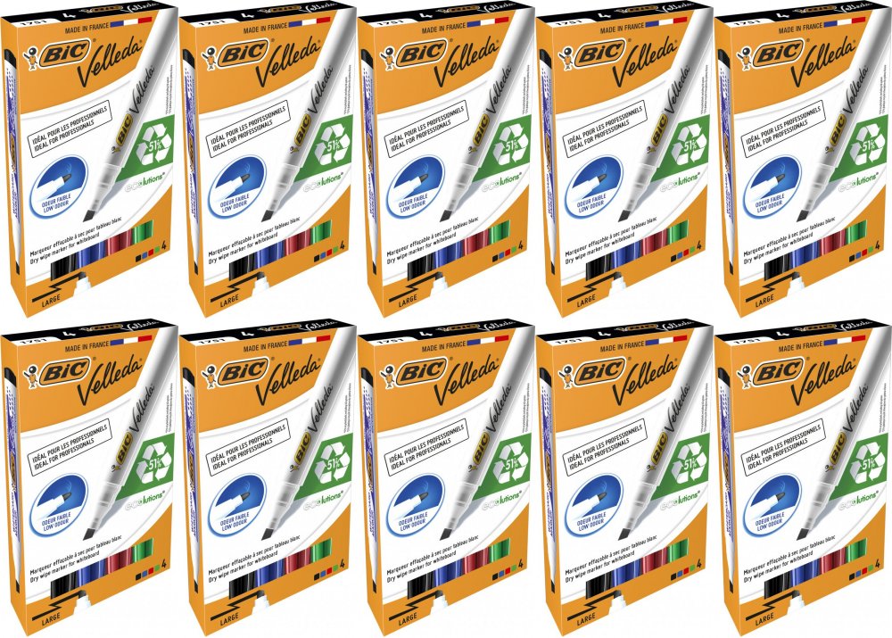 10x Marker suchościeralny Bic, Velleda, ścięta, 4 sztuki, mix kolorów