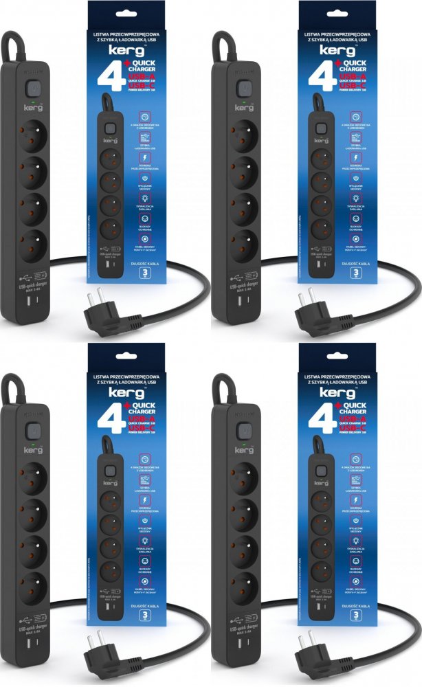 4x Listwa przeciwprzepięciowa Kerg, 3m, 4 gniazda + szybka ładowarka 1xUSB-A/1x USB-C, czarny