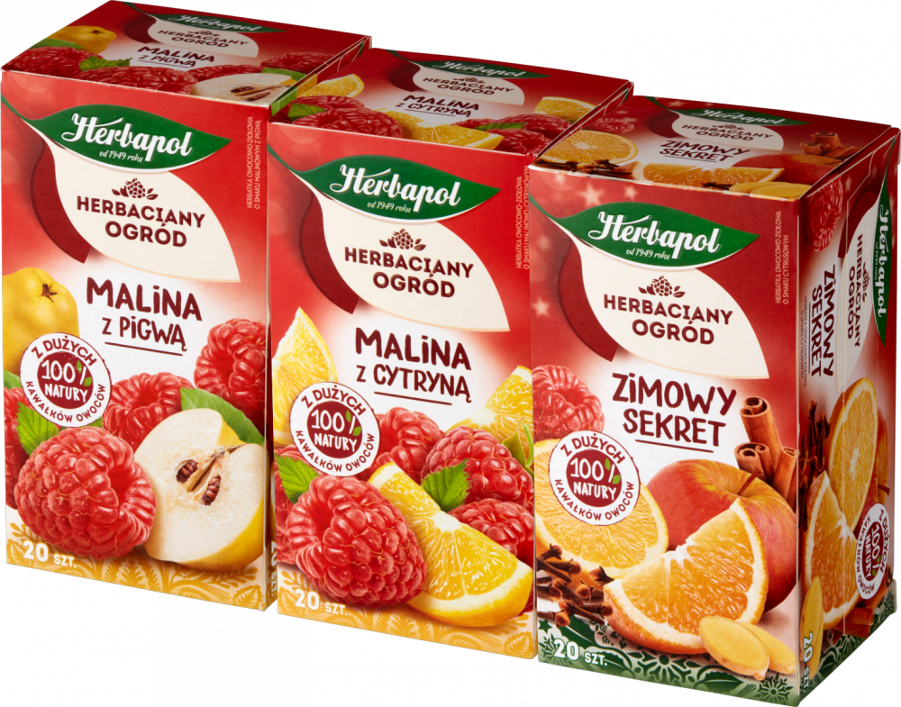 Zestaw herbat owocowych Herbapol Herbaciany Ogród: Zimowy Sekret, cytrusowy, 20 sztuk x3g + malina z cytryną, 20 sztuk x2,7g + malina z pigwą, 20 