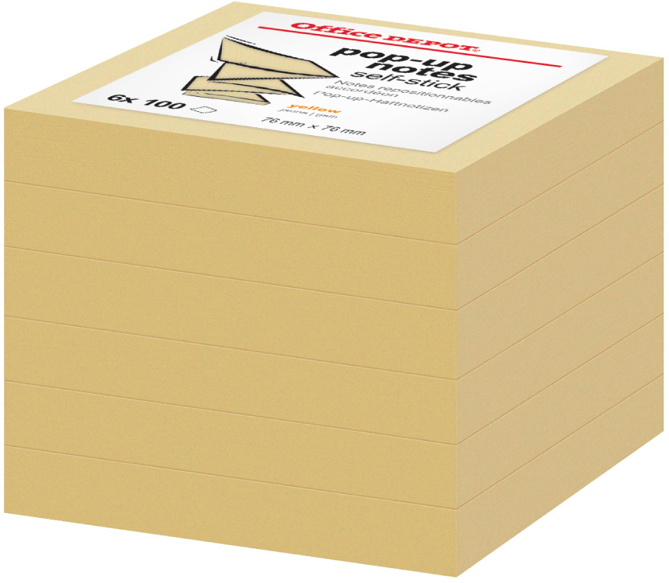 Karteczki samoprzylepne Office Depot, harmonijkowe, 76x76mm, 6x100 karteczek, żółty pastelowy