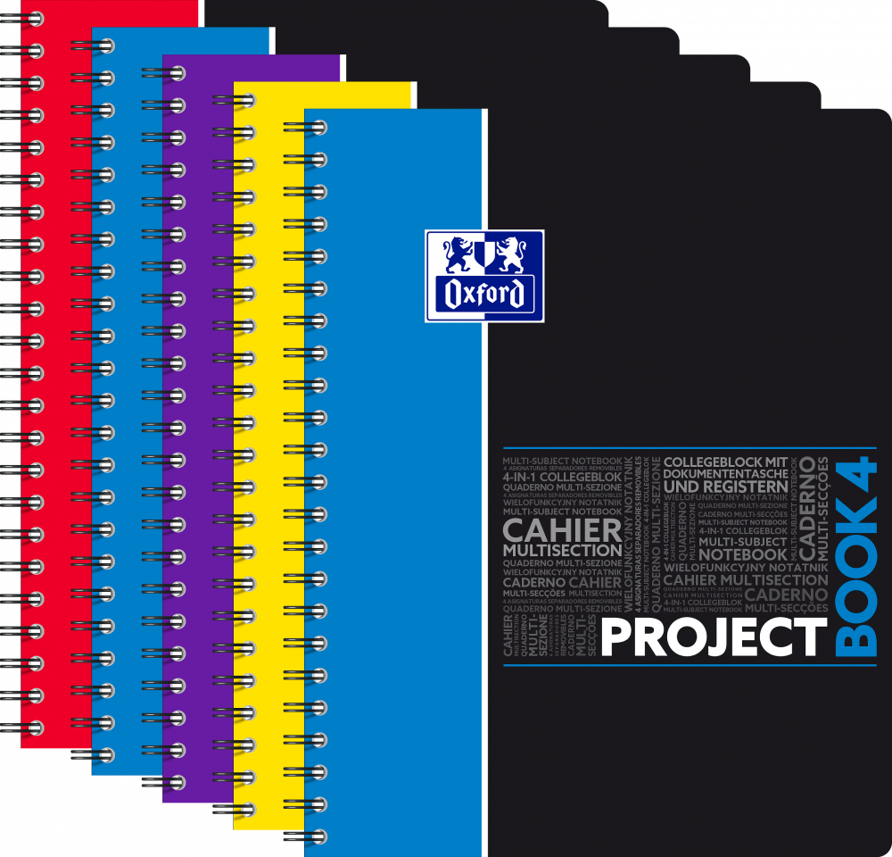 5x Kołonotatnik Oxford Student ProjectBook, A4+, w kratkę, 100 kartek, okładka PP, mix wzorów