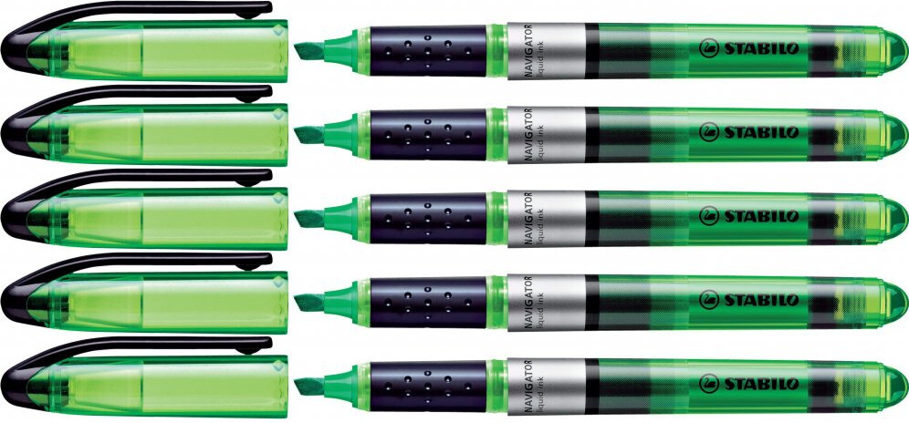 5x Zakreślacz Stabilo Navigator 545/33, z płynnym tuszem, ścięta, zielony