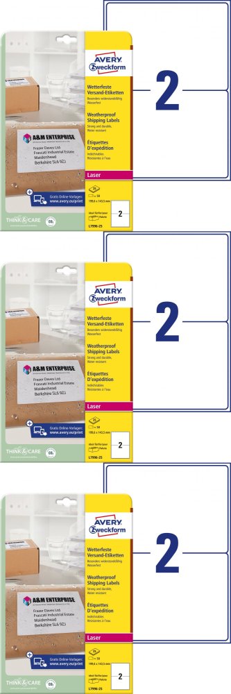 3x Etykiety wysyłkowe wodoodporne Avery Zweckform, 199,6x143,5mm, 25 arkuszy, biały