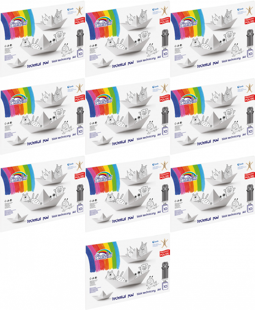 10x Blok techniczny Fiorello, A4, 10 kartek, biały