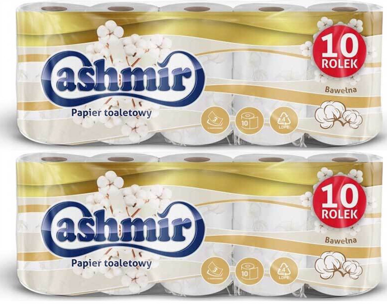 2x Papier toaletowy Cashmir , bawełna, 3- warstwowy, 10 rolek, biały