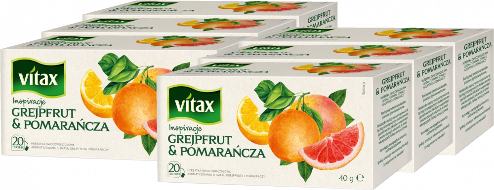 6x Herbata owocowa w torebkach Vitax Inspirations, grejpfrut i pomarańcza, 20 sztuk x 2g
